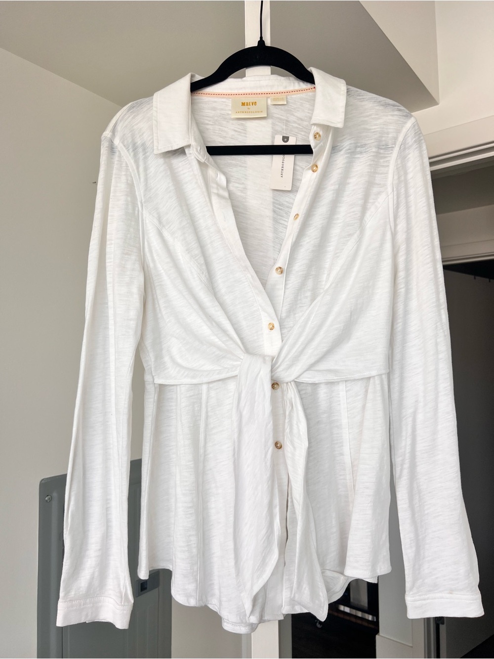 Anthropologie White Button-Down Tie-Front Long Sleeve Shirt